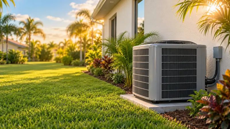 A new outdoor AC unit beside a Lehigh Acres home at golden hour