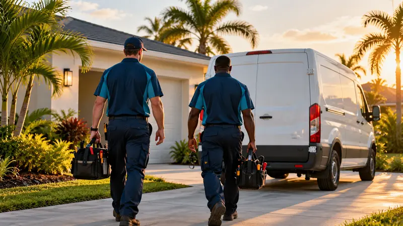 Two J & H technicians walking to the service van