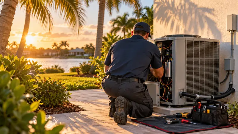 A J & H technician servicing an outdoor AC unit